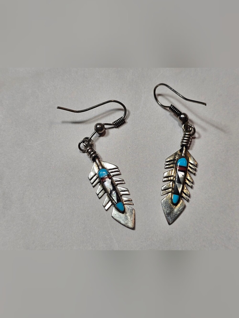 Vintage Sterling Inlaid Stone Feather Earrings